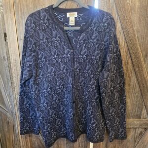 Talbots Sweater Size X Blue Cardigan Floral Embroidery Ramie Cotton Long Sleeve